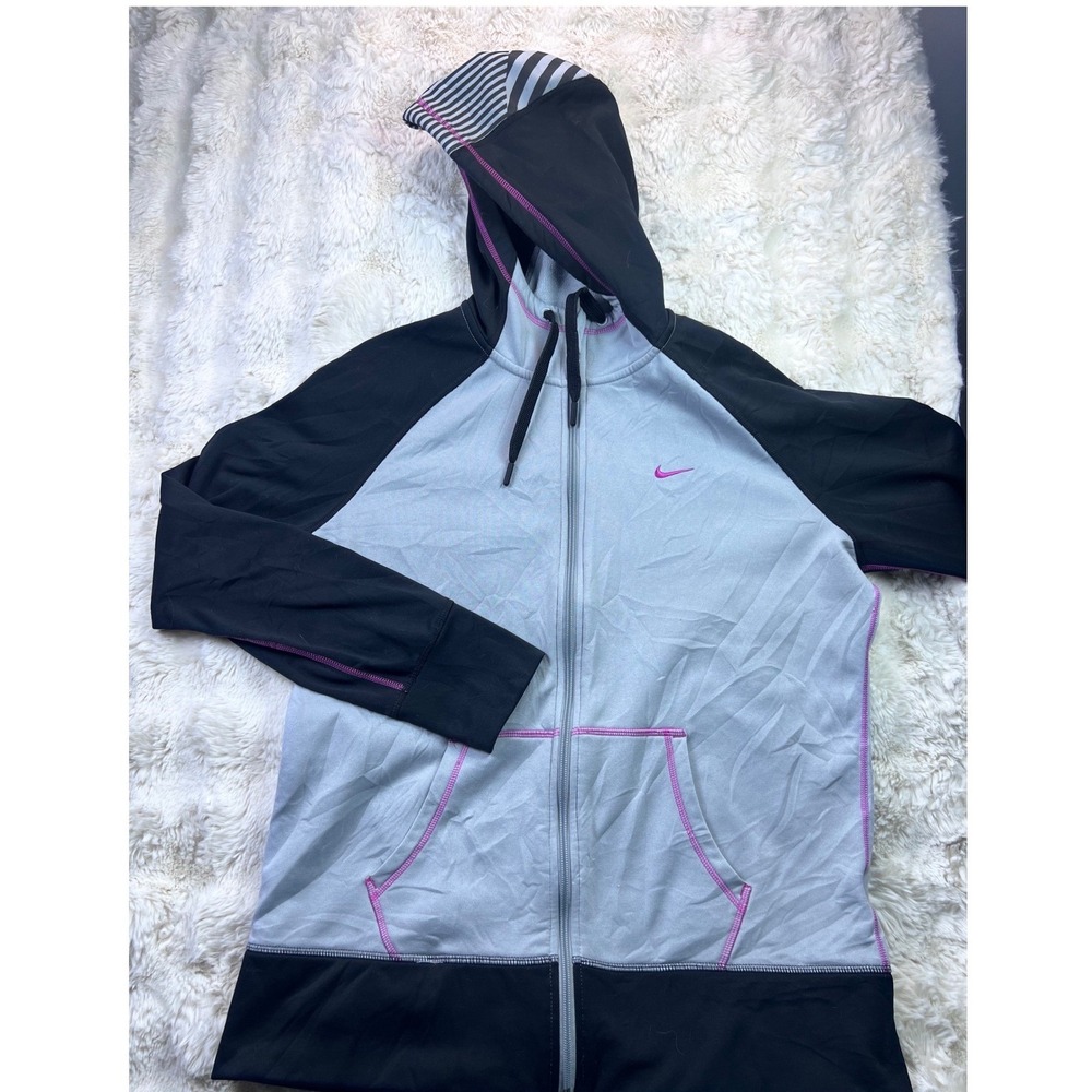 Nike Therma-FIT Hoodie Womens XL Full Zip Grey Black Pink Contrast Stitching A33